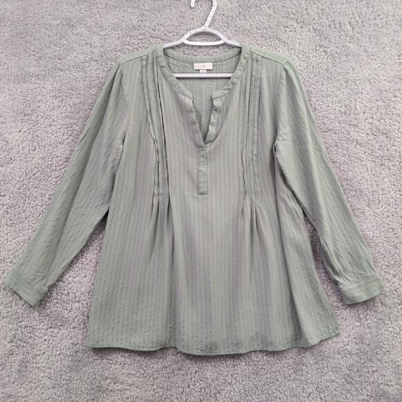 J. Jill Women Pintuck Top Blouse Shirt Medium Petite MP Green V Neck Long Sleeve - Picture 1 of 12